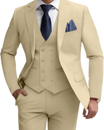 Mens 3 Piece Slim Fit Suit Set, Double Breasted Blazer Vest Pants Business Tuxedo Dress