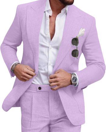 Linen Men Suit Set Casual Tuxedo 2 Piece Regular Fit Blazer One Button Solid Jacket and Pants for Prom Wedding Party
