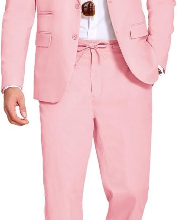 Men's 2 Piece Linen Suits Set Regular Fit Casual Lightweight Blazer Jacket and Pants