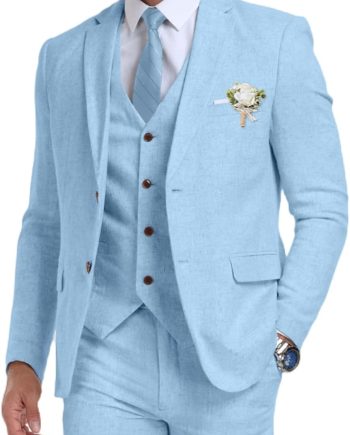 Retro Linen Mens Suit 3 Pieces Light Weight Casual Linen Summer Slim Fit Suits Tuxedo Jacket Blazer Vest Pant for Men