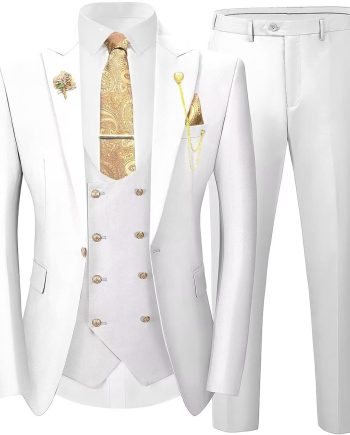3 Pieces Suits for Mens Slim Fit Gold Button Double Breasted Suit Men Tuxedos Wedding Suits Set Mens White Suit