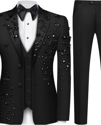 Luxury Men's 2 Piece Suit Slim Fit Solid 2 Button Beads Crystal Party Wedding Tuxedo Suits Blazer Jacket Pants Set