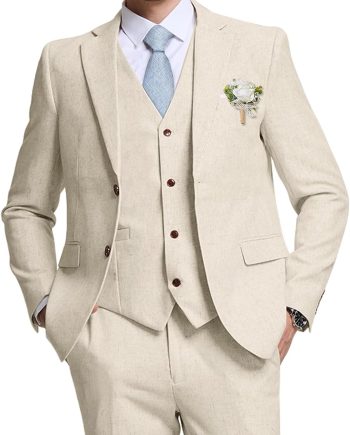 High-End Suits Retro Linen Suit for Men Casual Wedding Suit for Men Slim Fit 3 Pieces Jacket Blazer Vest Pant Groom Tuxedo