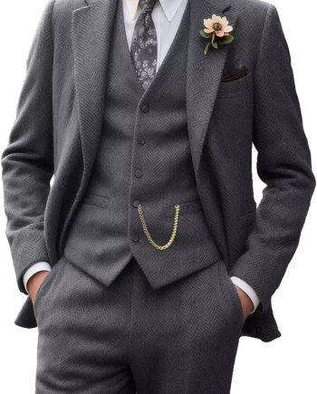 Retro Tweed Men's Suit 3 Piece Slim Fit Herringbone Suits Groom Tuxedos Set Wedding Prom Blazer Jacket Vest Pants for Men