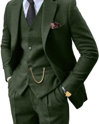 Retro 3 Piece Suit Tweed Herringbone Men's Suits Slim Fit Groom Tuxedos Set Prom Brown Grey Jacket Blazer Vest Pants