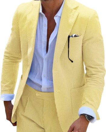 Men 2 Pieces Seersucker Suit Casual 2 Button Slim Fit Striped Suits for Men Summer Wedding Prom Suit Jacket Pants