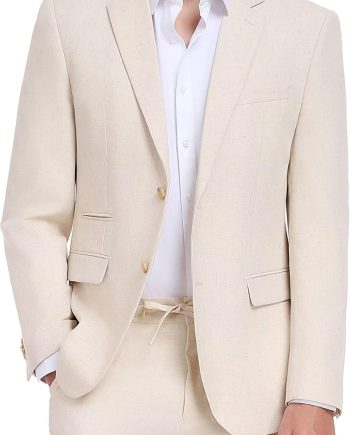 Men's Linen Suits 2 Piece Casual Regular Fit Linen Blazer Jacket and Pants for Summer Beach Wedding