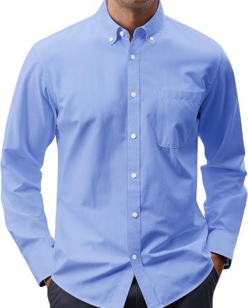 Men's Oxford Shirt Solid Casual Button Down Collar Shirts Long Sleeve Dress Shirts with Pocket